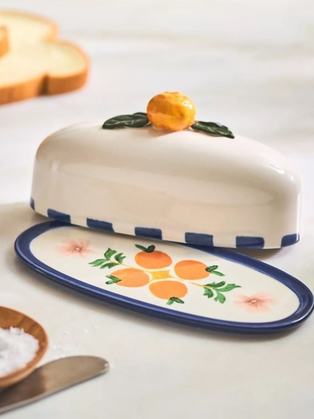 Anthropologie Valencia Citrus Butter Dish Blue Orange Hand Painted Stoneware